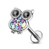 Cute owl medusa Labret Stud Helix Tragus Cartilage 16 gauge Monroe, silver-colored body jewelry with black and multicolored rhinestones forming an owl design.