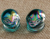 Teal Iridescent Alien Green Glass Double Flare Ear Plugs 