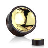SoScene Organic Sono Wood Saddle Plug with Concave Gold Tin Center, featuring a polished gold interior and dark wood exterior, on both sides.