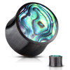 SoScene Organic Horn Abalone Inlay Saddle Fit Plug, showcasing a black horn plug with a vibrant abalone inlay featuring swirling patterns of green, blue, and iridescent colors.