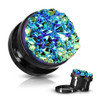 SoScene Black plugs with Blue Druzy Stones Stainless Steel screw back, stylish black jewelry plugs with vibrant blue druzy stones for ear piercing.