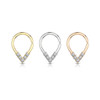 Pear Shaped Bendable 5 CZ Lined Cut Ring for Cartilage, Tragus, Septum, and More, three small, curved rings with cubic zirconia stones in gold, silver, and rose gold colors.