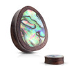 SoScene Tear Drop Abalone Inlaid Organic Sono Wood Saddle Plugs, handcrafted ear plugs with a tear drop shape, featuring iridescent abalone shell inlay set in organic sono wood. Perfect for body jewelry and piercing accessories.
