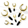 SoScene Saddle Spreader with Onyx Dangle PVD Gold Over 316L Surgical Steel, pair of earrings with gold crescent moon design and black onyx crystal pendants.
