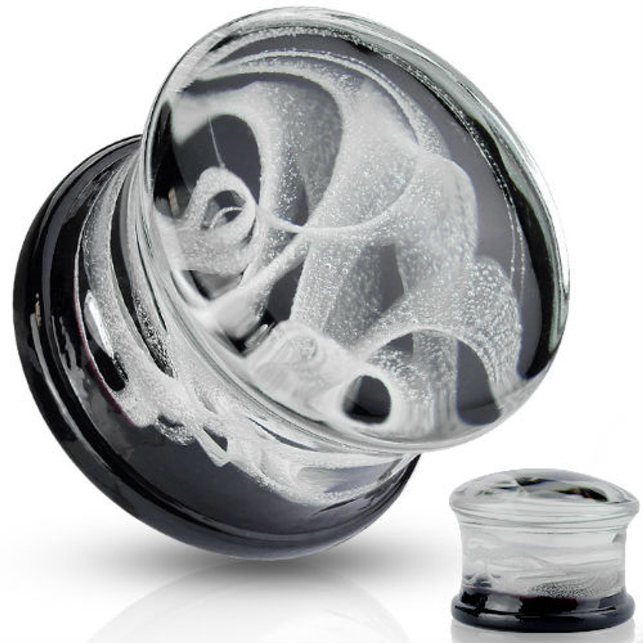 1-3/8 Pair of Glass Double Flared Black/Gunmetal Borostone Plugs 1-3/8 Pair of Glass Double Flared Black/Gunmetal Borostone Plugs
