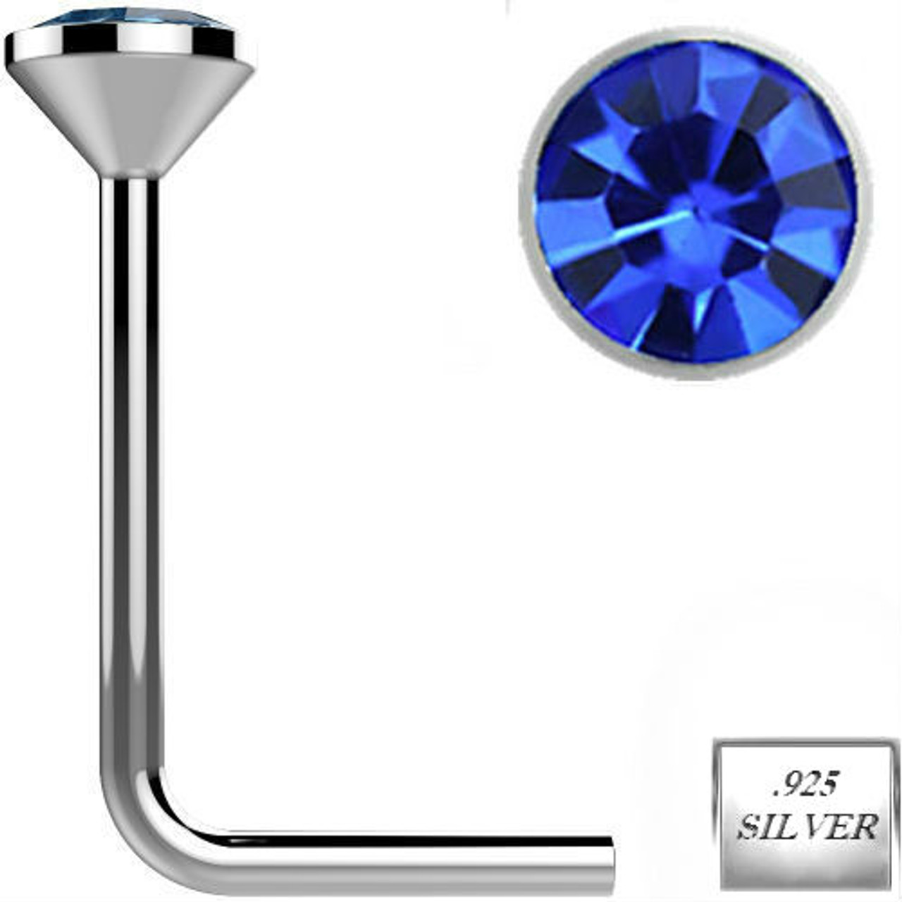 10 pcs 22 g 6 mm 925 Argent Sterling 2 mm Carré Pierre Jeweled Nez L-Shape Stud