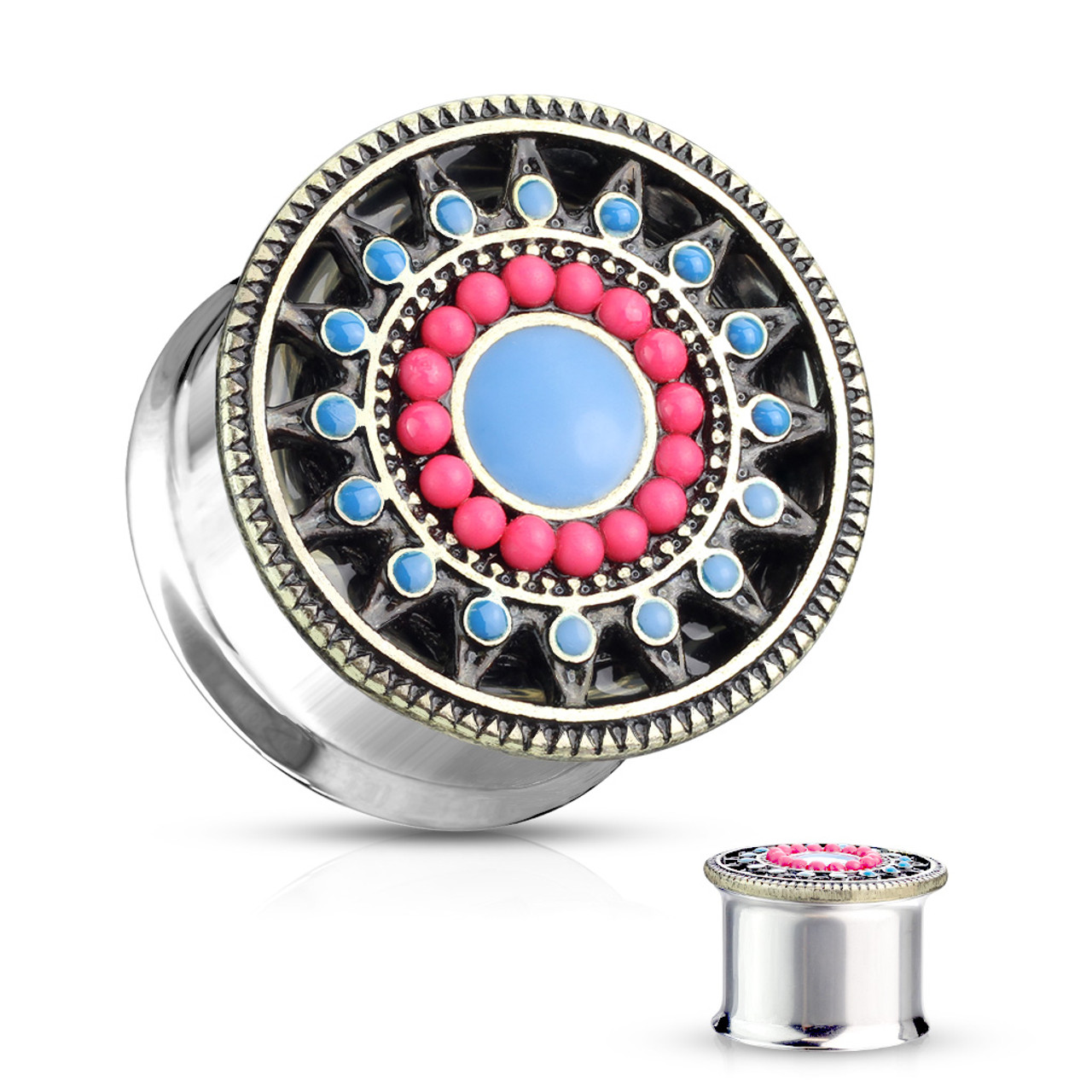 316L Stainless Steel Antique Turquoise Flower WildKlass Double Flare Plug 316L Stainless Steel Antique Turquoise Flower WildKlass Double Flare Plug