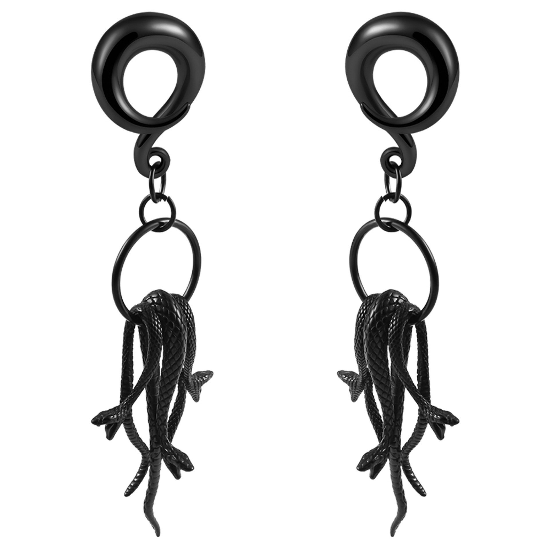 Draped up snakes ear hangers black stainless steel