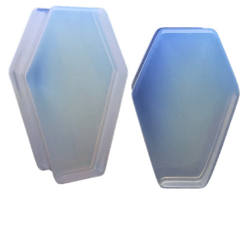 SoScene Coffin Shaped Opalite Organic Stone Ear Gauges, hexagon-shaped gauges with translucent, iridescent blue and white hues.