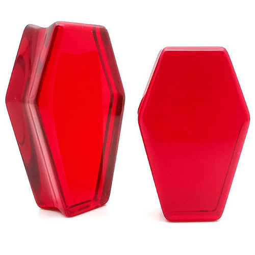 SoScene Coffin Shaped Red Glass Ear Gauges, close-up of two vibrant red glass ear gauges with coffin-shaped design, glossy finish, and transparent appearance.
