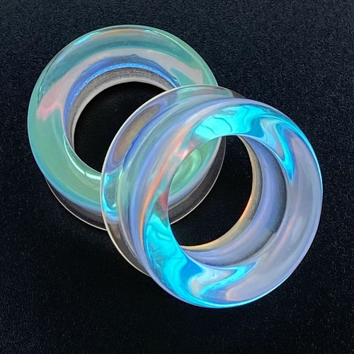 SoScene Hollow Mirror A B Glass Double Flare ear plugs tunnels, iridescent glass double flare ear plugs with a reflective mirror finish.