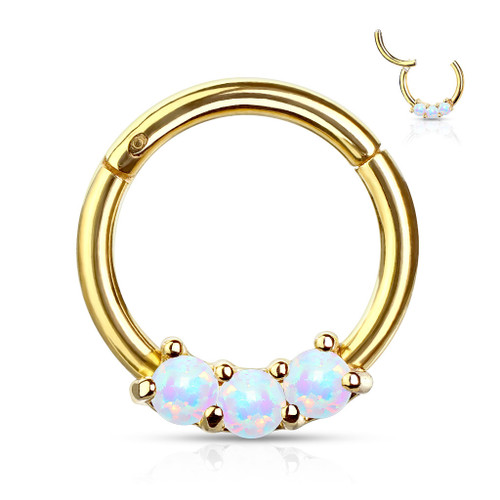 SoScene 3 Gem White Opal Gold Titanium Anodized High Quality 16 Gauge Precision Hinged Segment Ring, featuring a gold-toned titanium segment ring with three white opal gemstones in a hinged segment design.