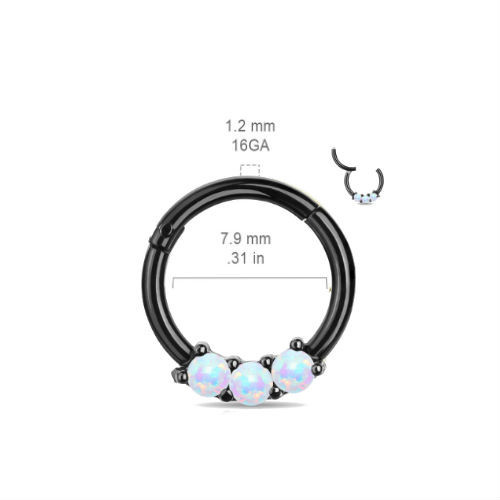 SoScene 3 Gem White Opal Black Titanium Anodized High Quality 16 Gauge Precision Hinged Segment Ring, close-up view showing three white opal gems and detailed measurements.