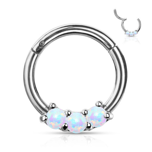 SoScene 3 gem White Opal Silver Titanium Anodized High Quality 16 gauge Precision Hinged Segment Ring, featuring a silver titanium ring with three white opal gems.