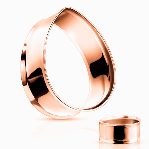 SoScene Rose Gold Stainless Steel Teardrop Double Flared Tunnels, a pair of shiny, rose gold-colored circular jewelry tunnels with a teardrop shape and double flared design.