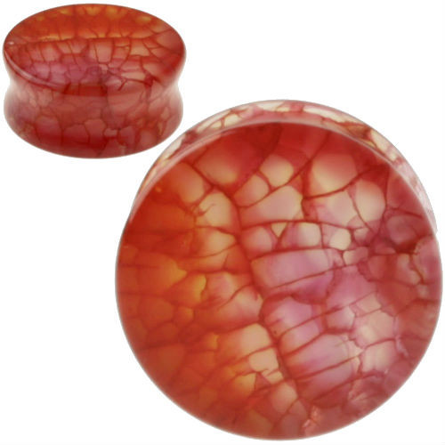 SoScene Red Dragon Vein Organic Stone Ear Gauges, circular red-orange stone plugs with a marbled, crackled pattern.