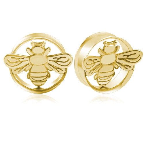 SoScene Gold Plated Stainless Steel Bee Double Saddle Ear Plugs, jewelry with a bee design in gold color.