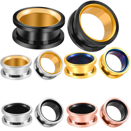 SoScene Interior colored 316L Surgical Steel Screw Fit Double Flared Tunnels, image showing various sizes and colors of ear tunnels with smooth, polished surfaces in black, silver, gold, and rose gold.