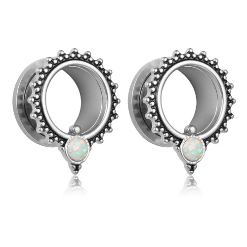 SoScene Silver color Opal dot screw back ear plugs, silver earrings with opal accents and decorative beaded design.