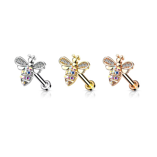 Micro CZ Paved Bee with AB Crystals on Internally Threaded 316L Surgical Steel, image of a small, detailed bee jewelry piece in silver, gold, and rose gold finishes