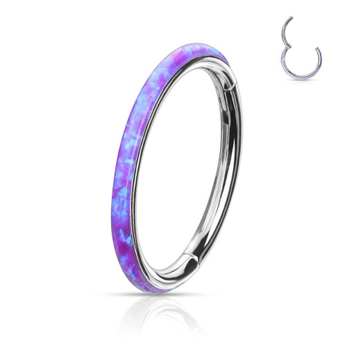 SoScene Purple Opal Rim High Quality Precision 316L Surgical Steel Hinged Segment Ring, showing a close-up of the jewelry with a vibrant purple opal rim on a polished silver surgical steel hinged segment ring.