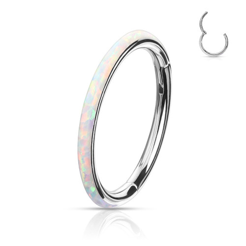 SoScene White Opal Rim High Quality Precision 316L Surgical Steel Hinged Segment Ring, showcasing a white opal lined segment ring with a sleek, polished finish and hinged design.