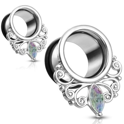 SoScene Stainless Steel Rainbow Marquise Gem Renaissance Ear Tunnels Oring back, silver ear tunnels with ornate swirl designs and colorful marquise-shaped gemstones hanging from the bottom.