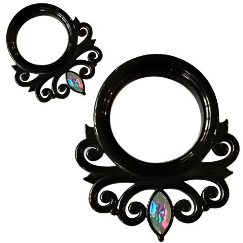 SoScene Black Stainless Steel Rainbow Marquise Gem Renaissance Ear Tunnels Oring back, decorative black stainless steel ear tunnels with rainbow marquise gem and swirl design.