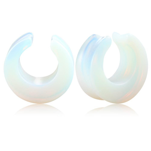 SoScene Crescent shape Opalite saddle spreaders Organic Stone Ear Gauges, iridescent crescent-shaped organic stone ear gauges for nose and ear piercing jewelry.