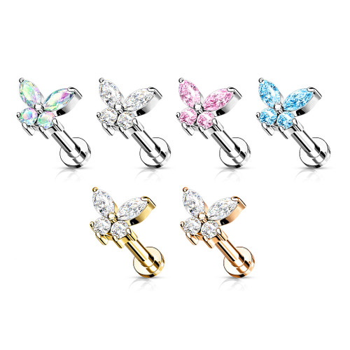 CZ Butterfly Top on Internally Threaded 316L Surgical Steel for Labret Monroe Cartilage