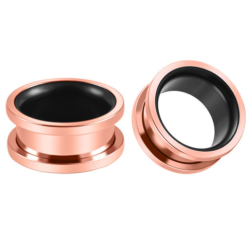 Rose Gold with Black Interior 316L Surgical Steel Screw Fit Double Flared Tunnels