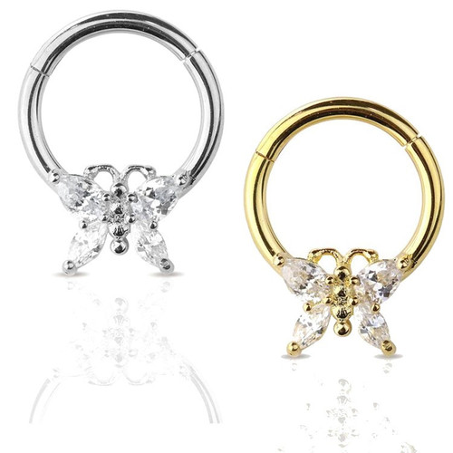 SoScene butterfly hinged segment ring universal front facing daith rook nose hoop, silver and gold septum and nose jewelry with butterfly design.