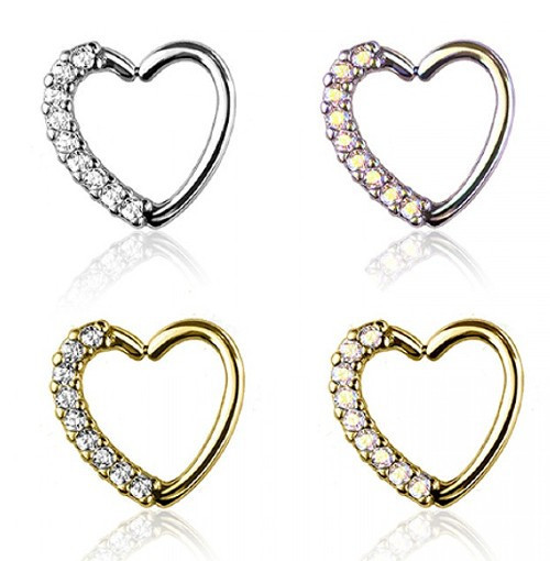 Heart half paved CZ gem cartilage daith rook ring hoop 16 gauge, silver and gold-toned hoop with sparkling CZ stones in a heart shape.