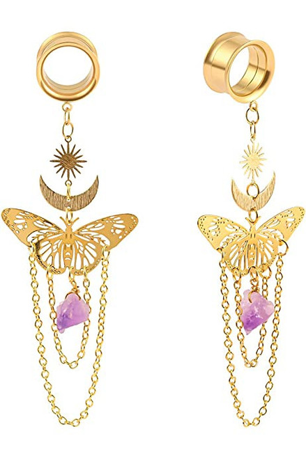 SoScene Gold butterfly with purple amethyst dangle internal thread ear plugs, gold earrings with butterfly, moon, and star design, featuring purple amethyst stones and dangling chains.