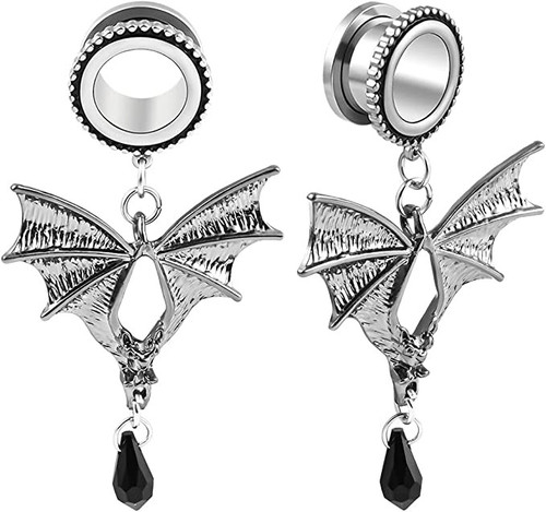 SoScene Winged Bat Black Gem Dangle Stainless Steel Screw Back Ear Plugs, gothic style dragon-inspired earrings with black gemstone accents.
