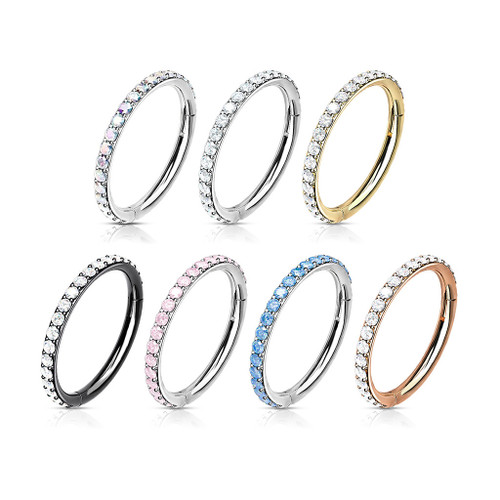 16 gauge Rim set Set 316L Surgical Steel Hinged Segment Hoop Rings, multiple color options with cubic zirconia stones embedded in the hoops