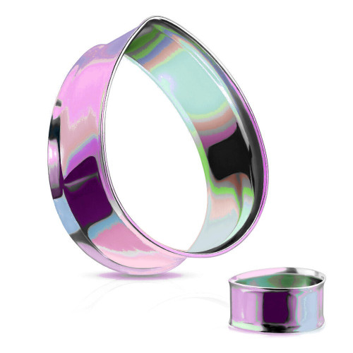 SoScene Rainbow Stainless Steel Teardrop Double Flared Tunnels, vibrant iridescent color and smooth finish.