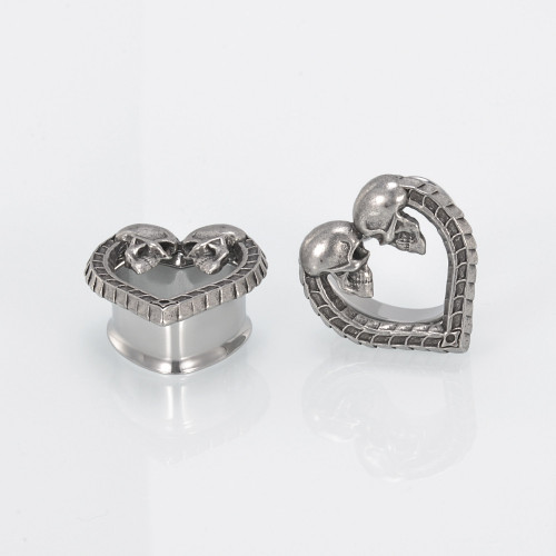 SoScene Spinal wrap double skull Heart shape Stainless Steel Double Flared Tunnels, jewelry featuring two skulls and heart shapes in a stainless steel design.