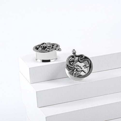 SoScene Medusa Stainless Steel Eyelets Ear Plugs, metallic jewelry with snake and medusa head design.