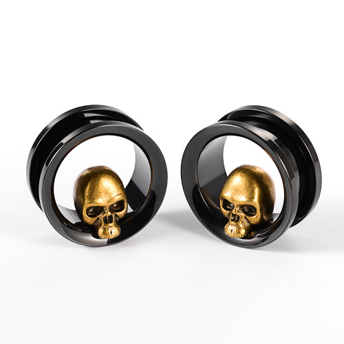 Miniature Gold Skull Black Stainless steel  double flare screw back ear tunnels 