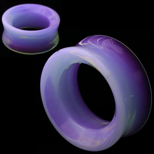 SoScene Hollow Lavender Opalite Glass Ear Plug Gauges, close-up of purple and lavender translucent glass ear plugs with a smooth, glossy finish.