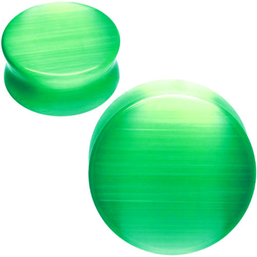 SoScene Solid double saddle Lime Green Cats eye Organic Stone Ear Gauges, two green spiral ear plugs.