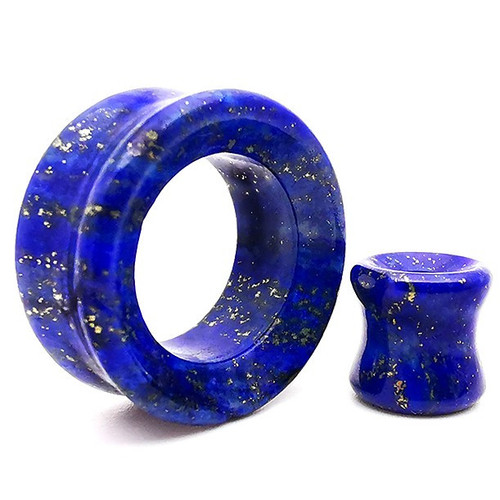 SoScene Blue Lapis Hollow Stone Ear Plugs, images of vibrant blue lapis stone ear plugs with gold flecks in a hollow ring and a matching tunnel plug.
