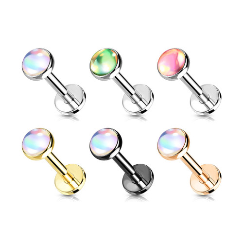 Reflective Stone Medusa Labret Stud Helix Tragus Cartilage 16 gauge Monroe body jewelry, colorful reflective stone labret studs with various metallic finishes.