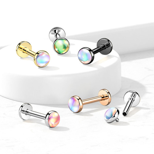 Reflective Stone Medusa Labret Stud Helix Tragus Cartilage 16 Gauge Monroe, collection of multiple color options in gold, silver, black, and rose gold finishes with iridescent stones on display.