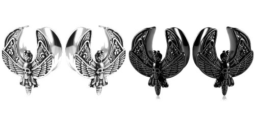 SoScene Death moth saddle spreader plugs, black and silver metallic motorcycle accessories with skull and moth design.