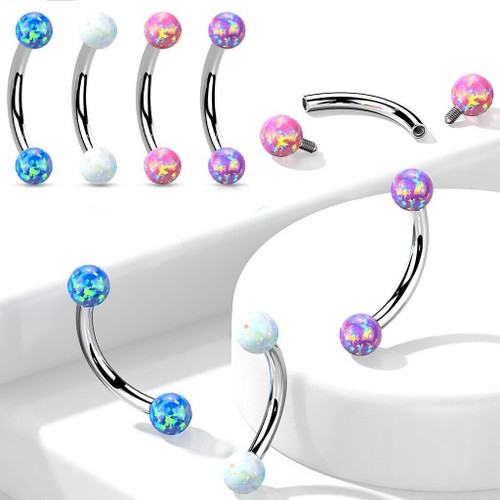 Synthetic Opal 316L Surgical Steel Internally Threaded Curved Eyebrow Barbell, colorful opal ball jewelry for eyebrow piercing.