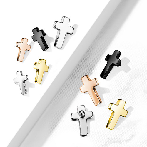 Implant Grade Titanium Internally Threaded Flat cross dermal 14 gauge, multicolor cross-shaped piercing charms in black, white, gold, and rose gold colors.