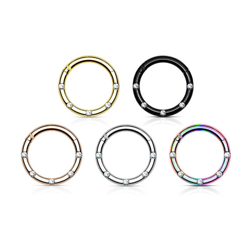 Small 5 CZ Gem 16 Gauge 316L Surgical Steel Hinged Segment Hoop Ring, multi-color variety of hoop rings with cubic zirconia stones for pierced ears or body jewelry.