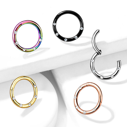 Small 5 CZ Gem 16 Gauge 316L Surgical Steel Hinged Segment Hoop Ring, colorful and black hoop earrings with cubic zirconia stones for piercings.